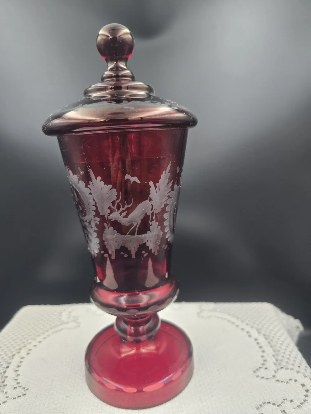 Ruby Red Etched Glass Covered Goblet - Decorative Home Art